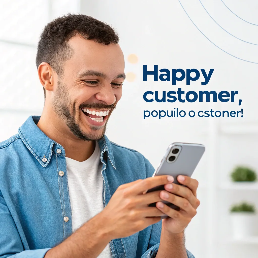 Happy customer smiling holding a phone